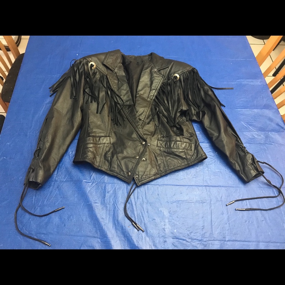 Leather Fringed Jacket Adjust Leather Laced Back